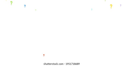 Question marks scattered on white background. Quiz, doubt, poll, survey, faq, interrogation, query background. Multicolored template for opinion poll, public poll. Rainbow color. Vector illustration.