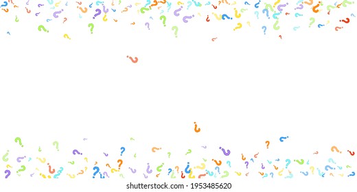 Question marks scattered on white background. Quiz, doubt, poll, survey, faq, interrogation, query background. Multicolored template for opinion poll, public poll. Rainbow color. Vector illustration.