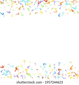 Question marks scattered on white background. Quiz, doubt, poll, survey, faq, interrogation, query background. Multicolored template for opinion poll, public poll. Rainbow color. Vector illustration.