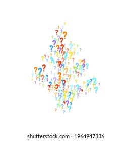 Question marks scattered on white background. Quiz, doubt, poll, survey, faq, interrogation, query background. Multicolored template for opinion poll, public poll. Rainbow color. Vector illustration.
