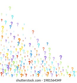 Question marks scattered on white background. Quiz, doubt, poll, survey, faq, interrogation, query background. Multicolored template for opinion poll, public poll. Rainbow color. Vector illustration.