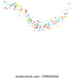Question marks scattered on white background. Quiz, doubt, poll, survey, faq, interrogation, query background. Multicolored template for opinion poll, public poll. Rainbow color. Vector illustration.