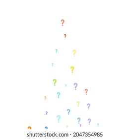 Question marks scattered on white background. Quiz, doubt, poll, survey, faq, interrogation, query background. Multicolored template for opinion poll, public poll. Rainbow color. Vector illustration.