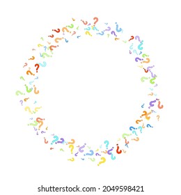 Question marks scattered on white background. Quiz, doubt, poll, survey, faq, interrogation, query background. Multicolored template for opinion poll, public poll. Rainbow color. Vector illustration.