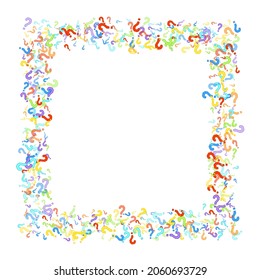 Question marks scattered on white background. Quiz, doubt, poll, survey, faq, interrogation, query background. Multicolored template for opinion poll, public poll. Rainbow color. Vector illustration.