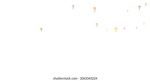 Question marks scattered on white background. Quiz, doubt, poll, survey, faq, interrogation, query background. Multicolored template for opinion poll, public poll. Rainbow color. Vector illustration.
