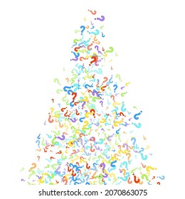 Question marks scattered on white background. Quiz, doubt, poll, survey, faq, interrogation, query background. Multicolored template for opinion poll, public poll. Rainbow color. Vector illustration.
