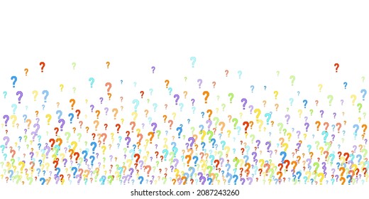 Question marks scattered on white background. Quiz, doubt, poll, survey, faq, interrogation, query background. Multicolored template for opinion poll, public poll. Rainbow color. Vector illustration.