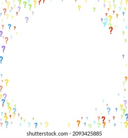Marcas de preguntas dispersas en fondo blanco. Prueba, duda, encuesta, encuesta, faq, interrogatorio, antecedentes de consulta. Plantilla multicolor para encuesta de opinión, encuesta pública. Color arcoiris. Ilustración vectorial.