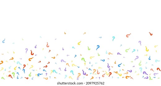 Question marks scattered on white background. Quiz, doubt, poll, survey, faq, interrogation, query background. Multicolored template for opinion poll, public poll. Rainbow color. Vector illustration.