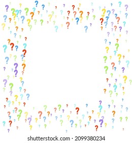 Question marks scattered on white background. Quiz, doubt, poll, survey, faq, interrogation, query background. Multicolored template for opinion poll, public poll. Rainbow color. Vector illustration.