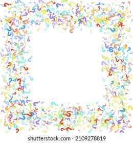 Question marks scattered on white background. Quiz, doubt, poll, survey, faq, interrogation, query background. Multicolored template for opinion poll, public poll. Rainbow color. Vector illustration.