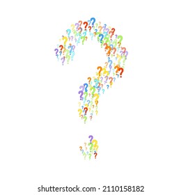 Question marks scattered on white background. Quiz, doubt, poll, survey, faq, interrogation, query background. Multicolored template for opinion poll, public poll. Rainbow color. Vector illustration.