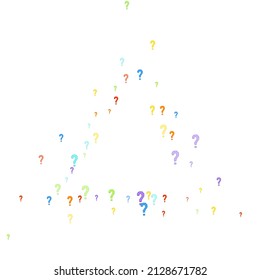 Question marks scattered on white background. Quiz, doubt, poll, survey, faq, interrogation, query background. Multicolored template for opinion poll, public poll. Rainbow color. Vector illustration.