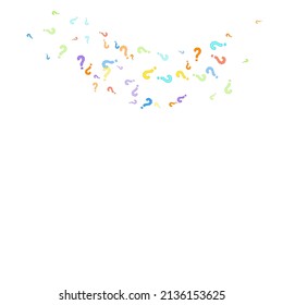 Question marks scattered on white background. Quiz, doubt, poll, survey, faq, interrogation, query background. Multicolored template for opinion poll, public poll. Rainbow color. Vector illustration.