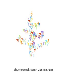 Question marks scattered on white background. Quiz, doubt, poll, survey, faq, interrogation, query background. Multicolored template for opinion poll, public poll. Rainbow color. Vector illustration.