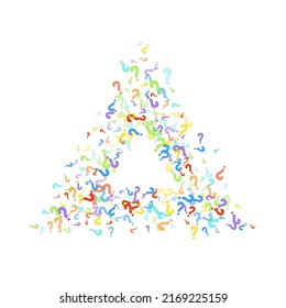 Question marks scattered on white background. Quiz, doubt, poll, survey, faq, interrogation, query background. Multicolored template for opinion poll, public poll. Rainbow color. Vector illustration.