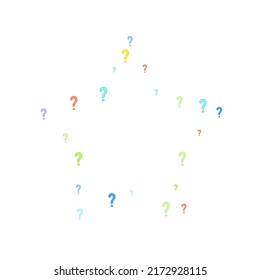 Question marks scattered on white background. Quiz, doubt, poll, survey, faq, interrogation, query background. Multicolored template for opinion poll, public poll. Rainbow color. Vector illustration.