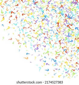 Question marks scattered on white background. Quiz, doubt, poll, survey, faq, interrogation, query background. Multicolored template for opinion poll, public poll. Rainbow color. Vector illustration.