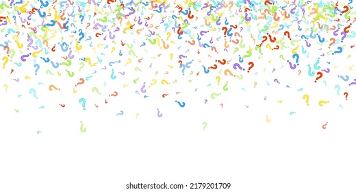 Question marks scattered on white background. Quiz, doubt, poll, survey, faq, interrogation, query background. Multicolored template for opinion poll, public poll. Rainbow color. Vector illustration.