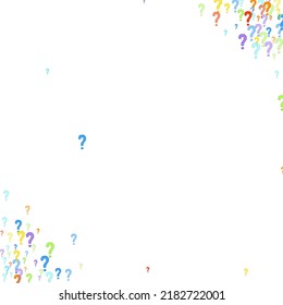 Question marks scattered on white background. Quiz, doubt, poll, survey, faq, interrogation, query background. Multicolored template for opinion poll, public poll. Rainbow color. Vector illustration.