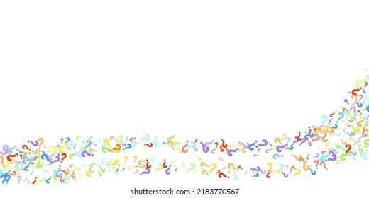 Question marks scattered on white background. Quiz, doubt, poll, survey, faq, interrogation, query background. Multicolored template for opinion poll, public poll. Rainbow color. Vector illustration.