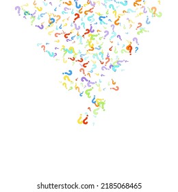 Question marks scattered on white background. Quiz, doubt, poll, survey, faq, interrogation, query background. Multicolored template for opinion poll, public poll. Rainbow color. Vector illustration.