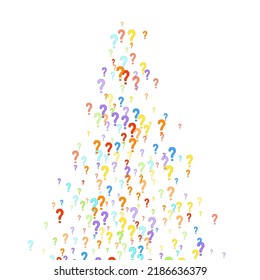 Question marks scattered on white background. Quiz, doubt, poll, survey, faq, interrogation, query background. Multicolored template for opinion poll, public poll. Rainbow color. Vector illustration.