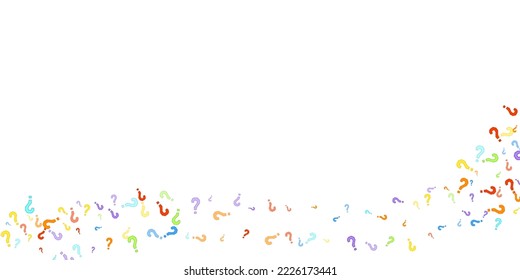 Question marks scattered on white background. Quiz, doubt, poll, survey, faq, interrogation, query background. Multicolored template for opinion poll, public poll. Rainbow color. Vector illustration.