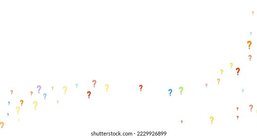 Question marks scattered on white background. Quiz, doubt, poll, survey, faq, interrogation, query background. Multicolored template for opinion poll, public poll. Rainbow color. Vector illustration.