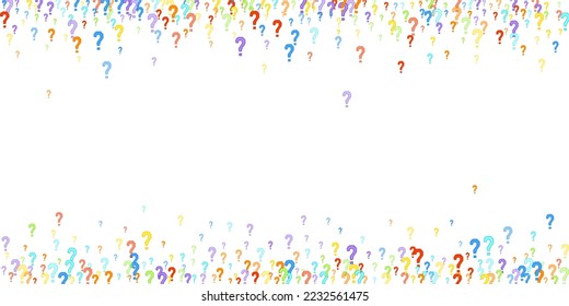 Marcas de preguntas dispersas en fondo blanco. Prueba, duda, encuesta, encuesta, faq, interrogatorio, antecedentes de consulta. Plantilla multicolor para encuesta de opinión, encuesta pública. Color arcoiris. Ilustración vectorial.