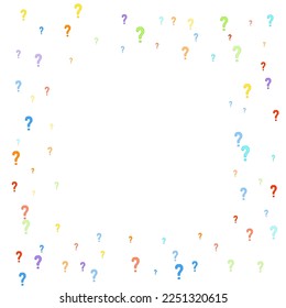 Question marks scattered on white background. Quiz, doubt, poll, survey, faq, interrogation, query background. Multicolored template for opinion poll, public poll. Rainbow color. Vector illustration.