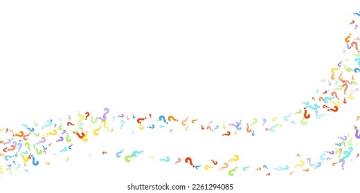 Question marks scattered on white background. Quiz, doubt, poll, survey, faq, interrogation, query background. Multicolored template for opinion poll, public poll. Rainbow color. Vector illustration.