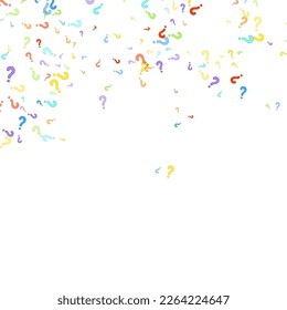 Question marks scattered on white background. Quiz, doubt, poll, survey, faq, interrogation, query background. Multicolored template for opinion poll, public poll. Rainbow color. Vector illustration.