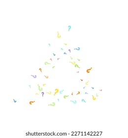 Question marks scattered on white background. Quiz, doubt, poll, survey, faq, interrogation, query background. Multicolored template for opinion poll, public poll. Rainbow color. Vector illustration.