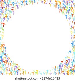 Question marks scattered on white background. Quiz, doubt, poll, survey, faq, interrogation, query background. Multicolored template for opinion poll, public poll. Rainbow color. Vector illustration.