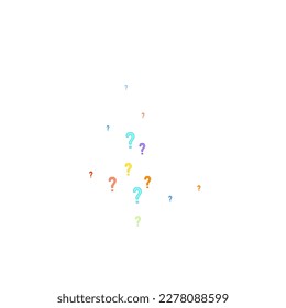 Question marks scattered on white background. Quiz, doubt, poll, survey, faq, interrogation, query background. Multicolored template for opinion poll, public poll. Rainbow color. Vector illustration.