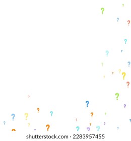 Question marks scattered on white background. Quiz, doubt, poll, survey, faq, interrogation, query background. Multicolored template for opinion poll, public poll. Rainbow color. Vector illustration.