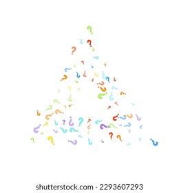 Question marks scattered on white background. Quiz, doubt, poll, survey, faq, interrogation, query background. Multicolored template for opinion poll, public poll. Rainbow color. Vector illustration.