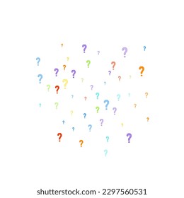 Question marks scattered on white background. Quiz, doubt, poll, survey, faq, interrogation, query background. Multicolored template for opinion poll, public poll. Rainbow color. Vector illustration.