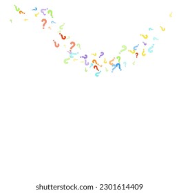 Question marks scattered on white background. Quiz, doubt, poll, survey, faq, interrogation, query background. Multicolored template for opinion poll, public poll. Rainbow color. Vector illustration.