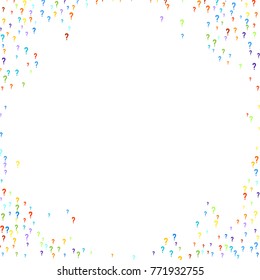Question marks scattered on white background. Quiz, doubt, faq, interrogation, query background. Multicolored template. Simple rainbow motif. Vector illustration.