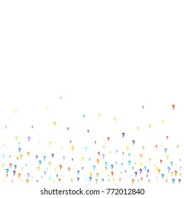 Question marks scattered on white background. Quiz, doubt, faq, interrogation, query background. Multicolored template. Simple rainbow motif. Vector illustration.