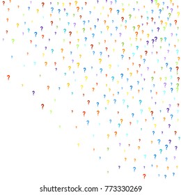 Question marks scattered on white background. Quiz, doubt, faq, interrogation, query background. Multicolored template. Simple rainbow motif. Vector illustration.