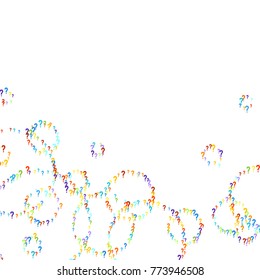 Question marks scattered on white background. Quiz, doubt, faq, interrogation, query background. Multicolored template. Simple rainbow motif. Vector illustration.