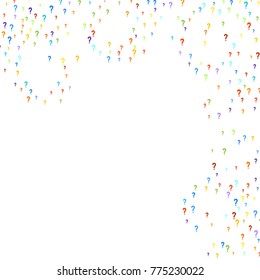 Question marks scattered on white background. Quiz, doubt, faq, interrogation, query background. Multicolored template. Simple rainbow motif. Vector illustration.