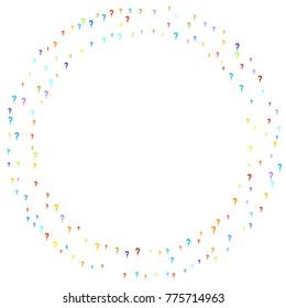 Question marks scattered on white background. Quiz, doubt, faq, interrogation, query background. Multicolored template. Simple rainbow motif. Vector illustration.