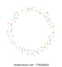 Question marks scattered on white background. Quiz, doubt, faq, interrogation, query background. Multicolored template. Simple rainbow motif. Vector illustration.