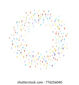 Question marks scattered on white background. Quiz, doubt, faq, interrogation, query background. Multicolored template. Simple rainbow motif. Vector illustration.