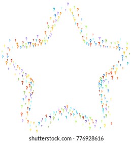 Question marks scattered on white background. Quiz, doubt, faq, interrogation, query background. Multicolored template. Simple rainbow motif. Vector illustration.